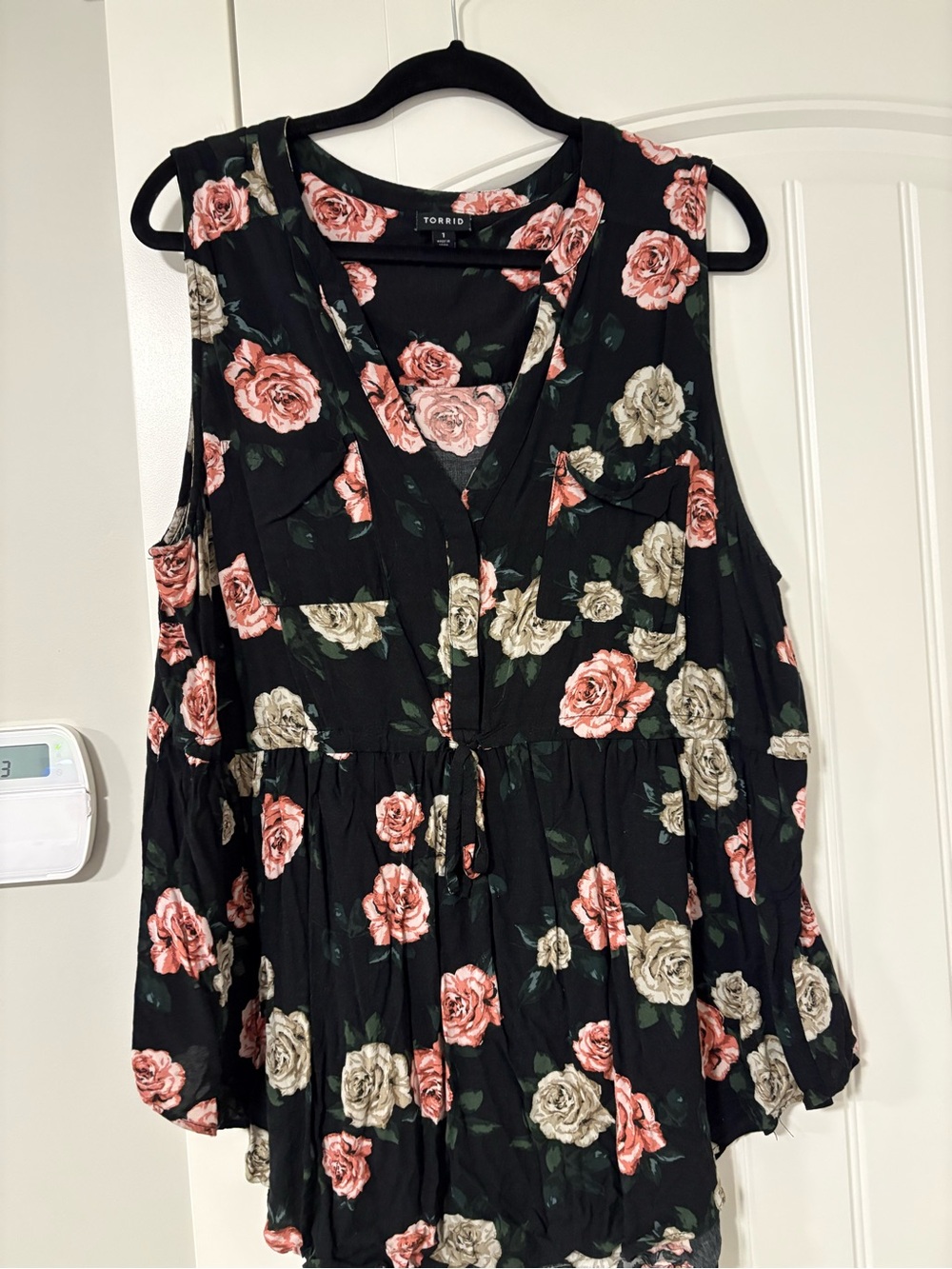 TORRID Black Floral Blouse with Pink & Cream Roses